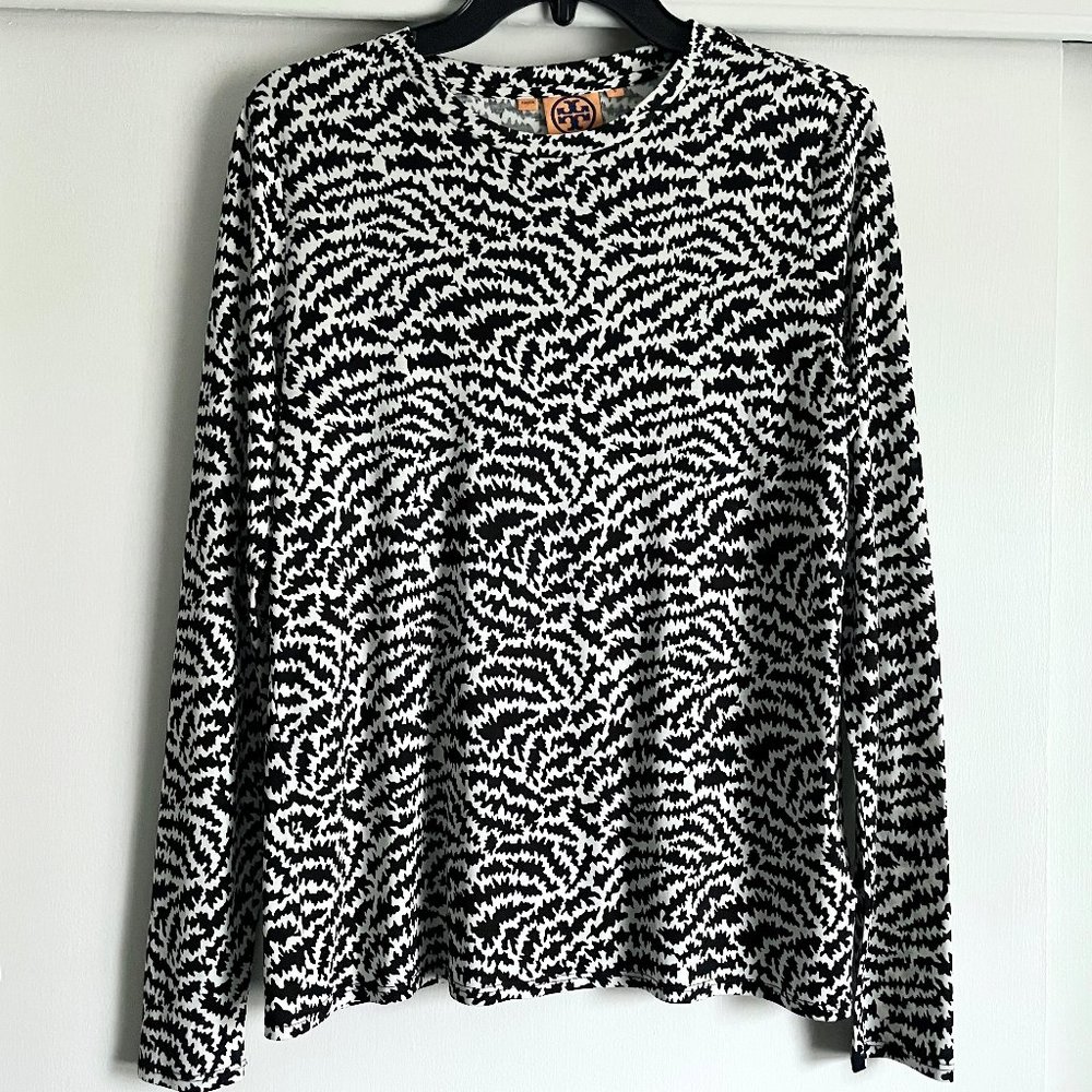 Tory Burch Tara Silk Black/Pewter Print Long Sleeve Crew Neck Pullover Top S